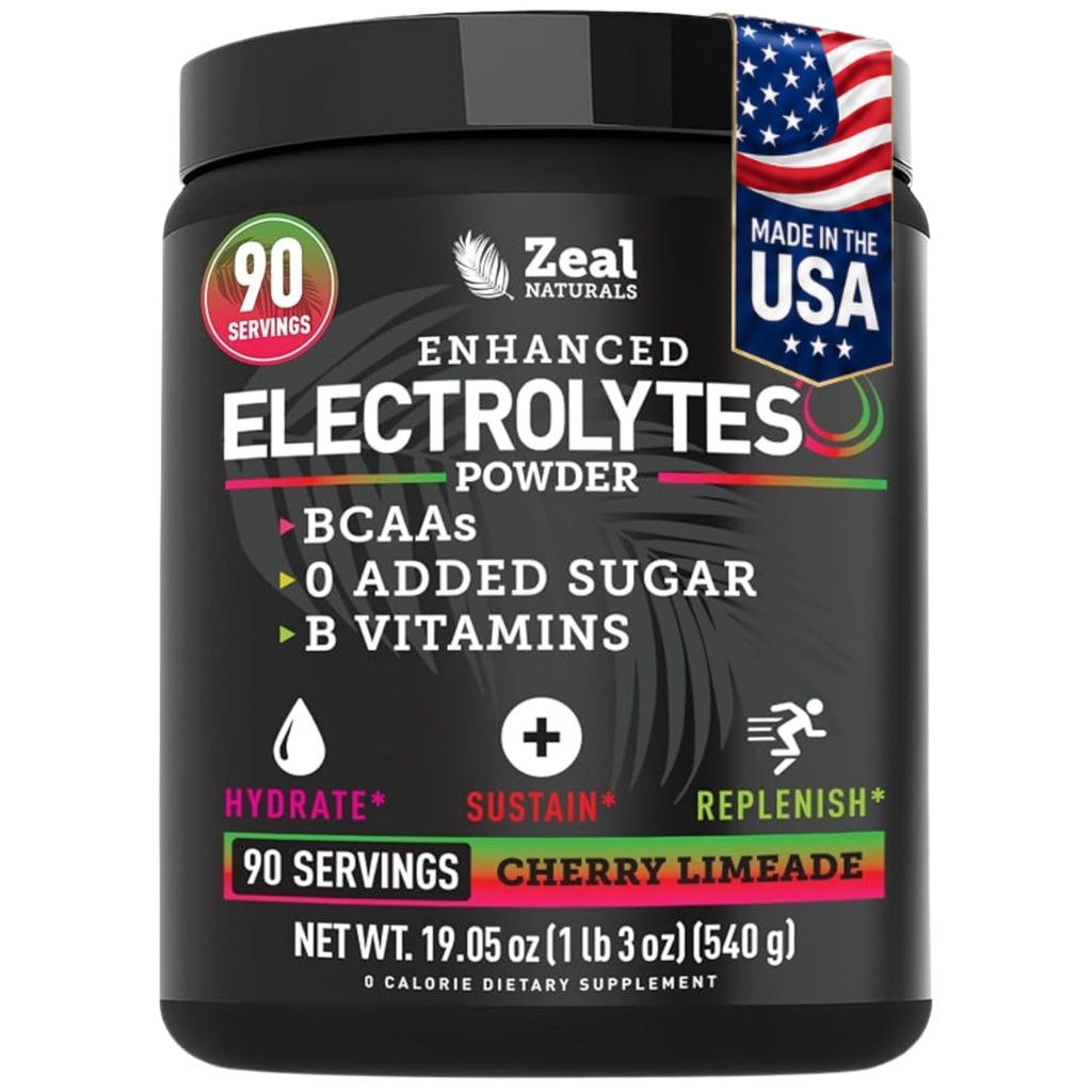 Zeal Naturals Electrolyte Powder Recovery Drink (90 Służenia 124; Cherry Limeade) w 0 Cukier + BCAA + B- Witaminy Suplement Elektrolitu w Cynk potasu i magnezu do nawadniania - Keto Electrolytes