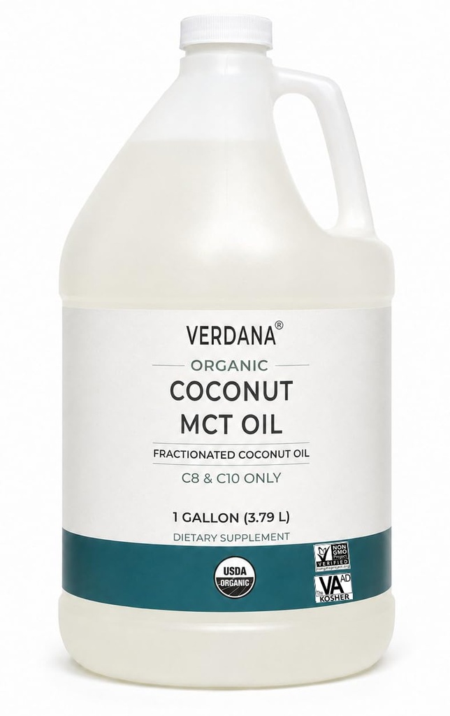 Verdana USDA Certified Organic Coconut MCT Oil - Frakcjonowany olej kokosowy - No Palm Kernel Used - Kosher, Food Grade, Non-GMO - Wielki dla Keto i Paleo Diets - 1Gallon