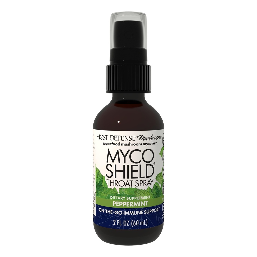 Host Defense MycoShield Throat Spray - Immune Health Support - Dietary Mushroom Supplement with Chaga, Reishi, Turkey Tail & More - On- The- Go Immune Support - Peppermint, 2 fl oz (142 Sługi) *