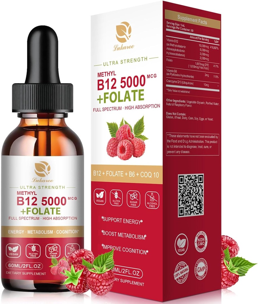 Lukaree Witamina B12 Podjęzykowe krople Wegan B12 Witaminy Liquid- Full Spectrum- Methylcobalamina, Adenosyl & Hydroxy B12, for Energy, Focus, Mood & Immune Support- 2 Month Supply, 2 fl oz