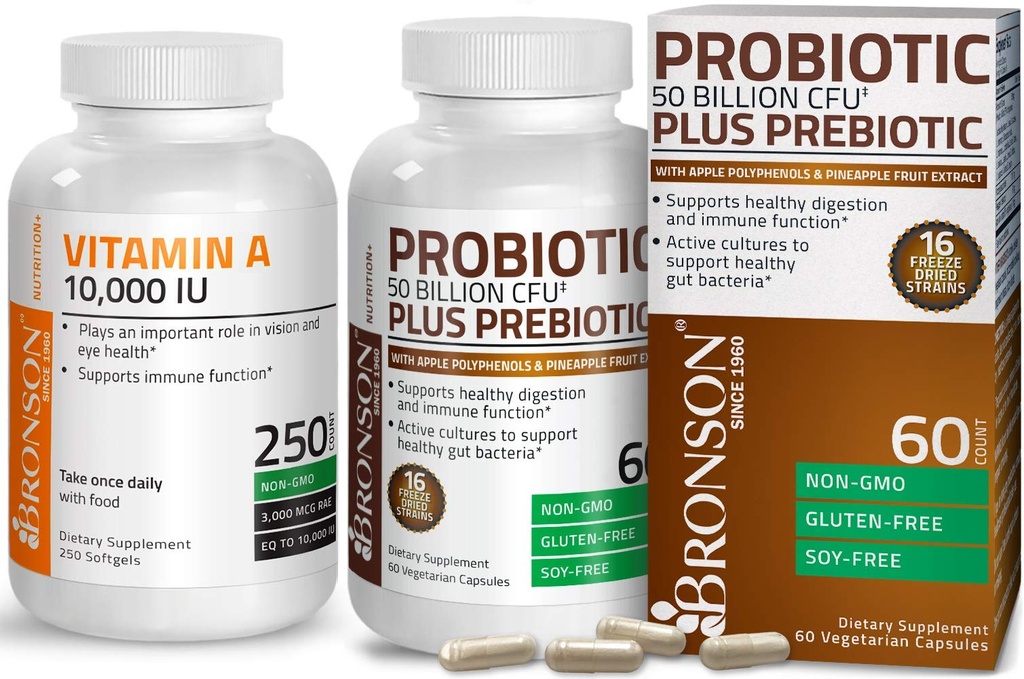 Bronson Probiotic 50 Milion CFU + Prebiotyk z Apple Polyphenols & Ananase Fruit Extract + Witamina A 10 000 IU Premium Non-GMO Formuła
