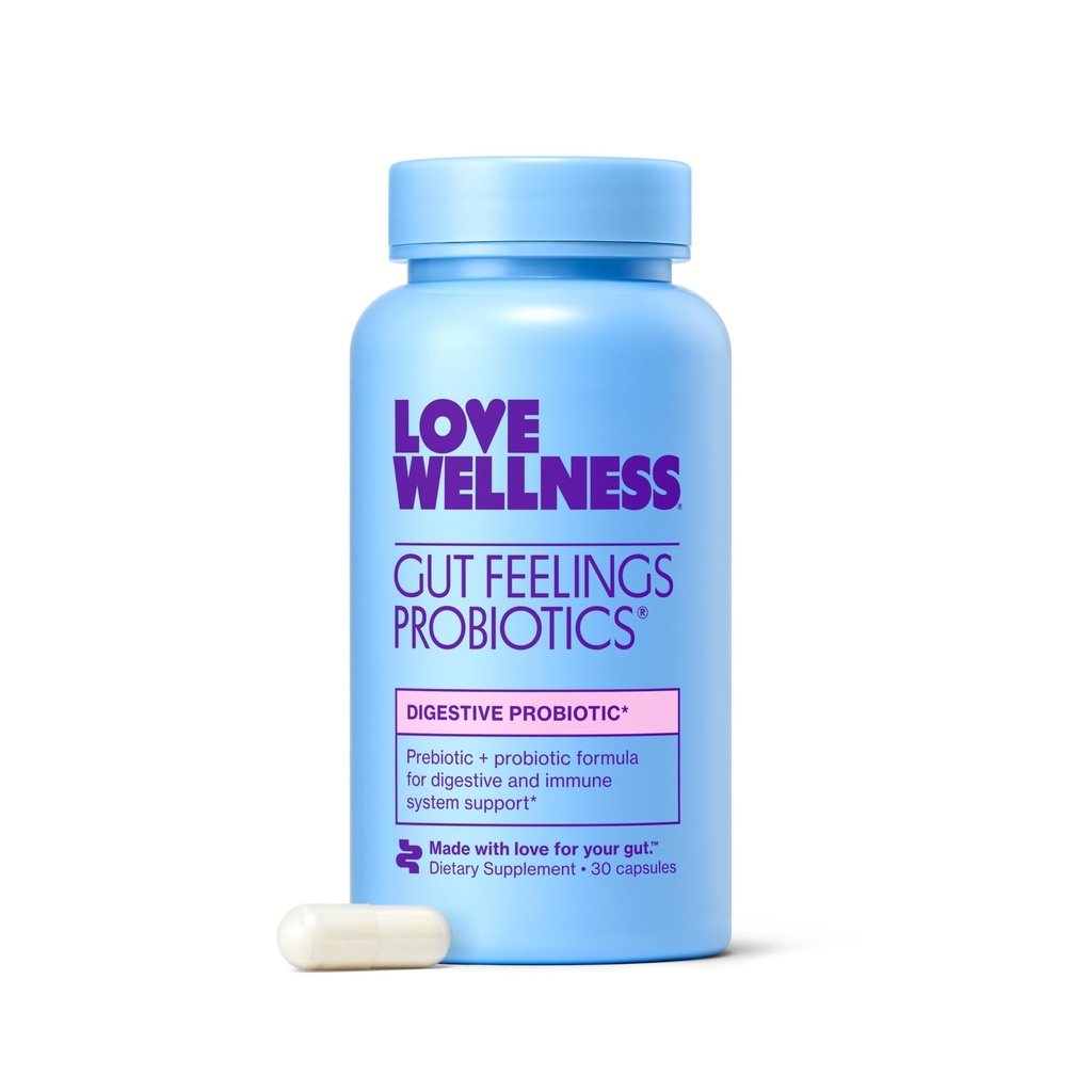 Love Wellness Gut Feelings Probiotic Adresat 124; Gut Health for Women, Relief pokarmowy i immunologiczny Suplement Supplement Adresat 124; Womens Probiotic for Gas Relief Adresation 124; 3 Billion CFU Adresat 124; Safe Prebiotic and Postbiotic Adresat 124; 30 Count
