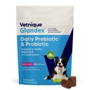 Vetnique Glandex Daily Probiotics dla psów z prebiotykami do wspierania zdrowia Gut z włóknami i enzymy pokarmowe, Probiotic Chews lub proszki (30ct Chews, Bacon Chews)