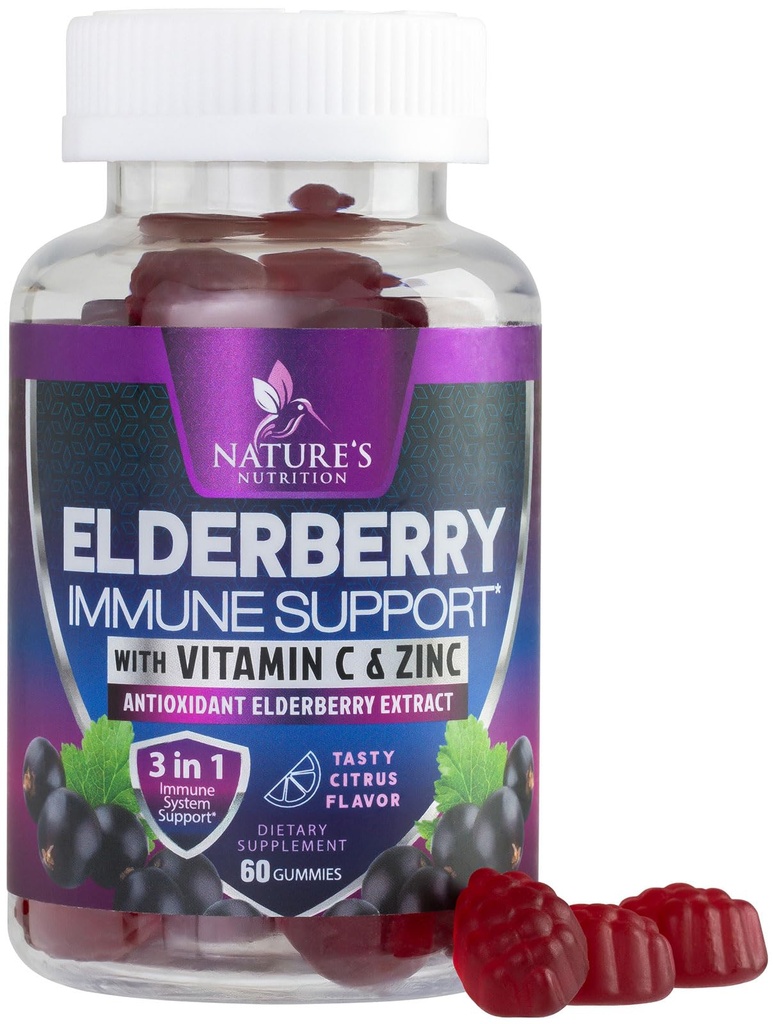 Gummie wsparcia immunologicznego - Sambucus Elderberry Gummy z Elder Berry Extract, Cynk & Witamina C, Naturalny Wegański suplement wsparcia immunologicznego dla dorosłych i dzieci, Gummy Elderberry Vitamin - 60 Gummies