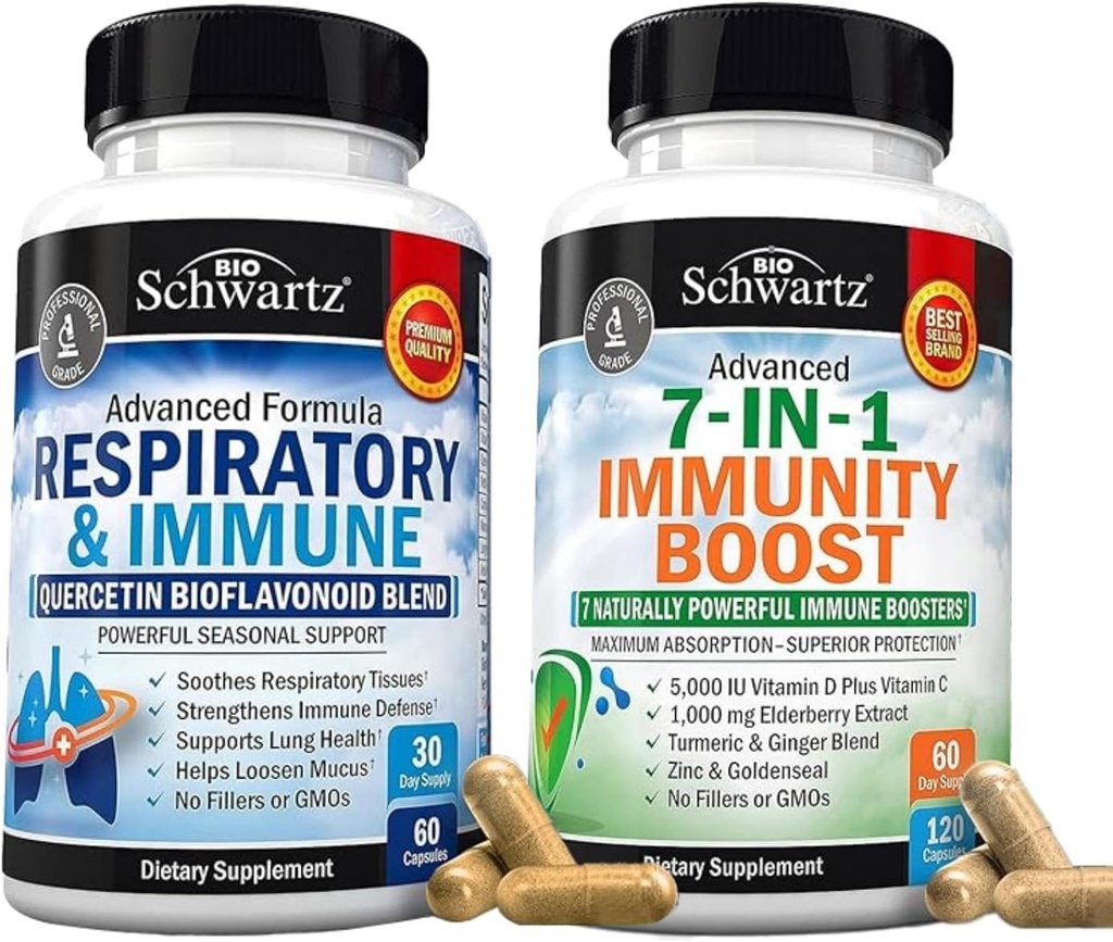 Suplement wsparcia oddechowego i immunologicznego produktu leczniczego BioSchwartz z Quercetin (1 Miesiąc Dostawy) Plus 7 w 1 Suplement wsparcia immunologicznego z przeciwutleniaczami (2 Miesiąc Dostawy)