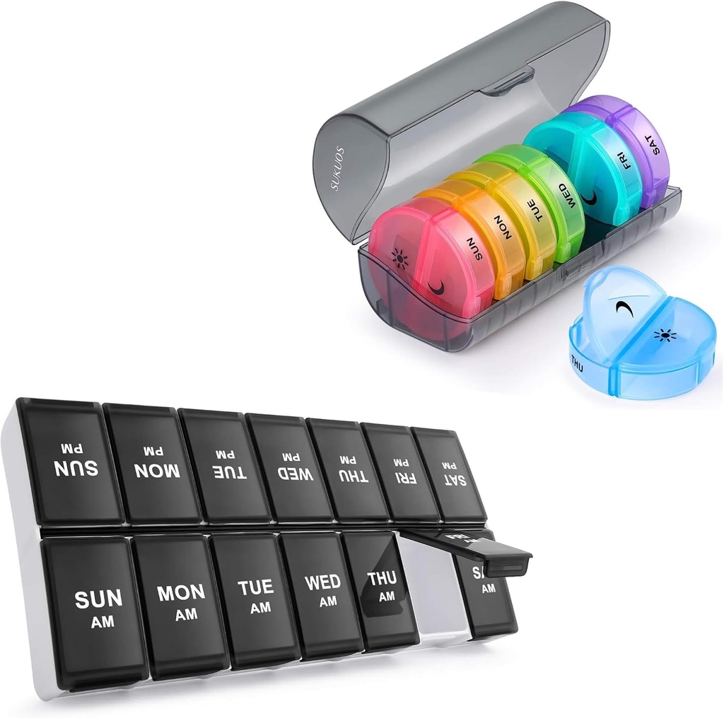 2 Pakiet Cotygodniowy Pill Organizator 7 Dzień 2 razy dziennie, Sukuos Duże dzienne Pill Box na tabletki / Witamina / Olej rybny / Suplementy, BPA darmowe pill skrzynie, Łatwy do czyszczenia