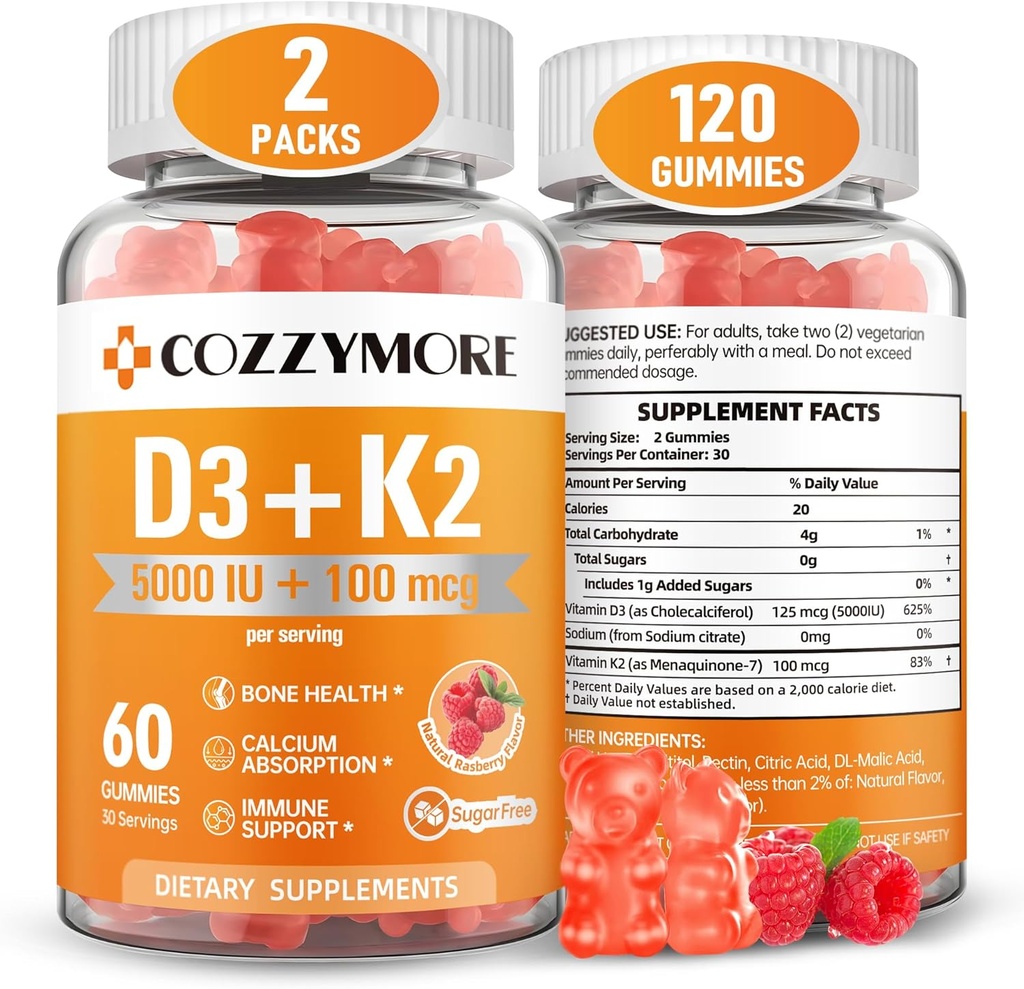 Sugar Free Witamina D3 K2 Gummies, Suplement Gummies witaminy D, 10000 j.m. + 200mcg D3 i K2 Suplementy, Smaczne Gummy Witaminy, Wsparcie dla kości Zęby immunologiczne, 60 Służenie 120 Gummies, Malina