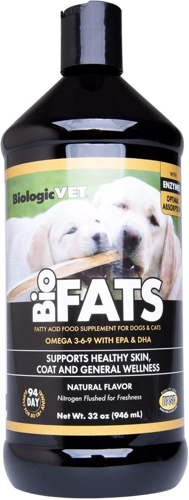 BiologicVET BioFATS - Zawiera Omegas 3, 6 & 9 - z EPA, DHA & ALA - dla psów i kotów - Skin & Joint Health Support - Zawiera ryby, nasiona lniane i oliwę z oliwek - 32 fl. oz.
