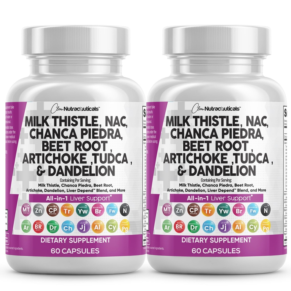 Czyste Nutraceuticals Milk Thistle NAC Chanca Piedra Beet Root Artichock Dandelion Root - suplement do czyszczenia wątroby Plus TUDCA Choline & Ginger - 2Pack