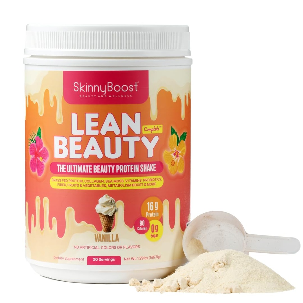 Lean Beauty Collagen Protein Shake - Wanilia 124; Proszek do zamiany posiłku z serwatką, Zhydrolizowany Kolagen, Witaminy, Fiber & Beauty Nutricents 124; Wspiera włosy, Skóra & Nails 124; Sugar- Free, All- Naturalne, 20 Służenie