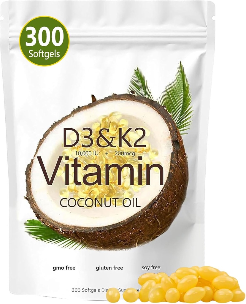 Vitamin D3 K2 Softgel, D3 K2 Vitamin 10000 IU, 10000 IU VIT D3 + 200 MCG Vitamin K2, Free of GMO, Gluten, Soy, Bone Health, Supports Calcium Absorption, 300 Gels