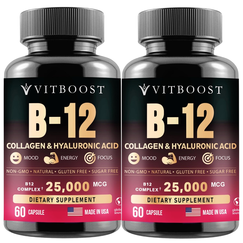 B12 Metylokobalamina z kwasem hialuronowym, kolagenem i folianem - 25000 mcg suplement Enhance Absorption & Boost Energy Agregates 124; Gluten- Free, Made in USA, B1, B2, B3, B6, B7 Complex - Opakowanie 2