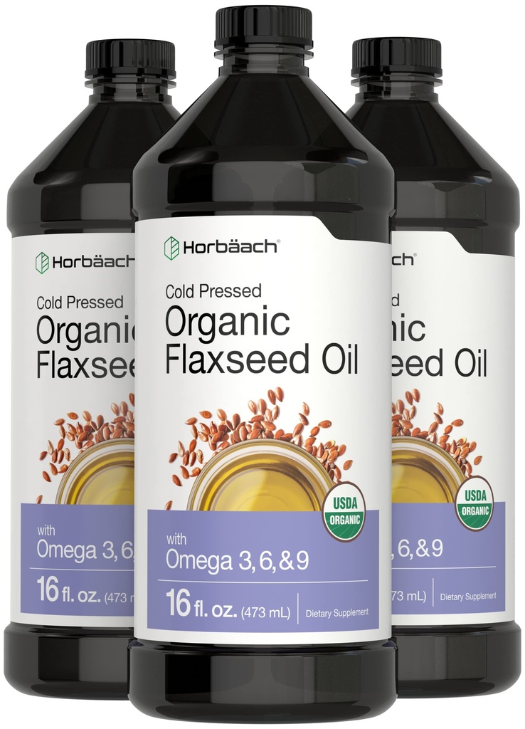 Horbäach Organic Flaxseed Oil Bis124; 3 Pack Bis124; 16 fl oz Each Bis124; Cold Pressed Bis124; with Omega 3, 6, 9 Bis124; Vegetarian, Non-GMO, Gluten Free Liquid