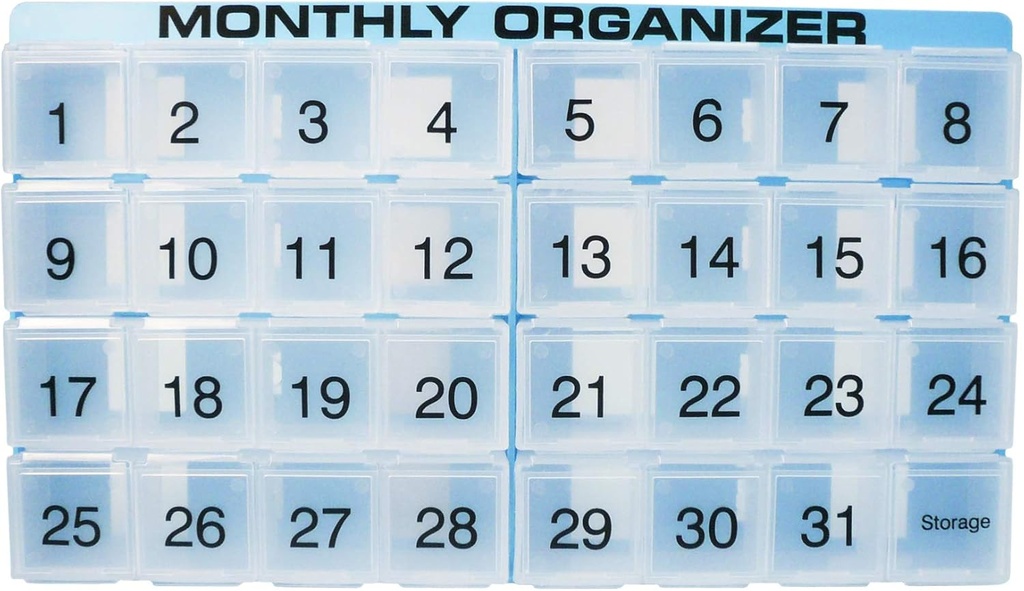 Miesięczny organizator pilek 124; 31 przedziałów, 1 dziennie, 4 tygodnie pełny miesiąc 31 Dzienny organizator piłek 124; Zawiera Tray i 8 Przedziały wyjmowane