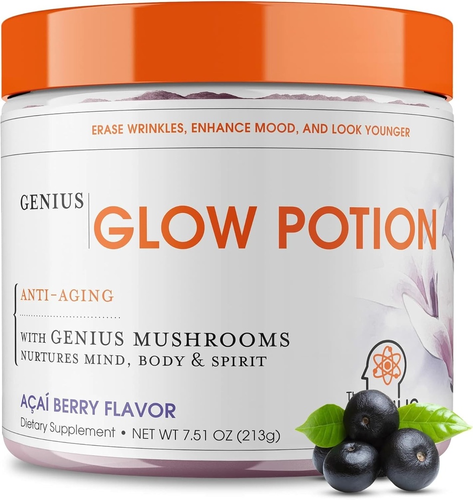 Eliksir Genius Brand Genius Glow - Codzienne Skincare Supplement for Glowing Skin - wspomaga nawadnianie, elastyczność, immunologiczne zdrowie i funkcje mózgu - napędzane przez Nootropics - Acai Berry - 30 Sług