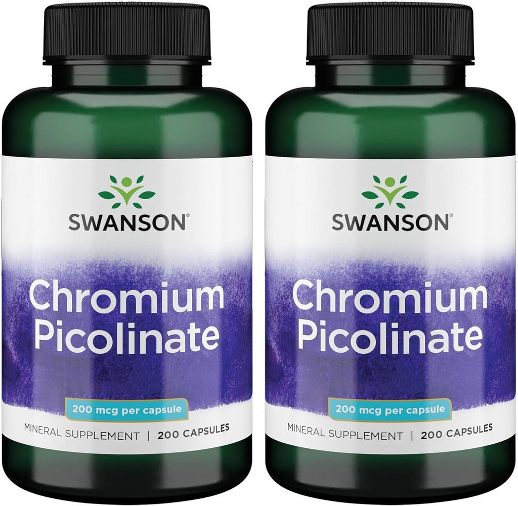 Swanson Chromowy Pikolinat - Naturalny Suplement Promowanie Metabolizm & Weight Management - Wspiera zdrowe poziomy cukru we krwi już w normalnym zakresie - (200 Kapsułki, 200µg Każdy) 2 Pack