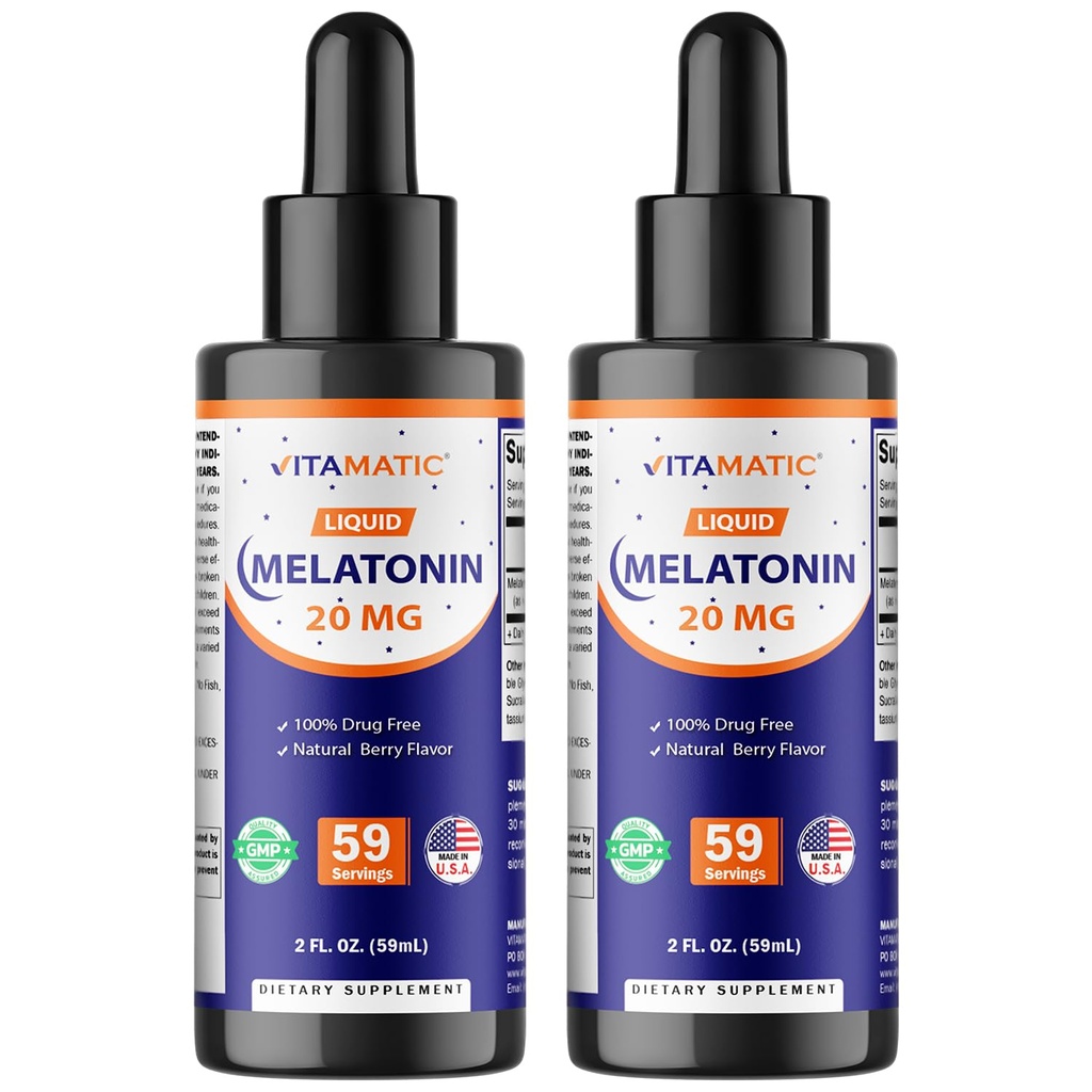 Vitamatic 2- Pack Melatonina 20mg Krople płynne - 2 fl oz (59 ml) Każdy - Natural Berry Flavor - Nie-GMO, Suplement wegetariański dla dorosłych