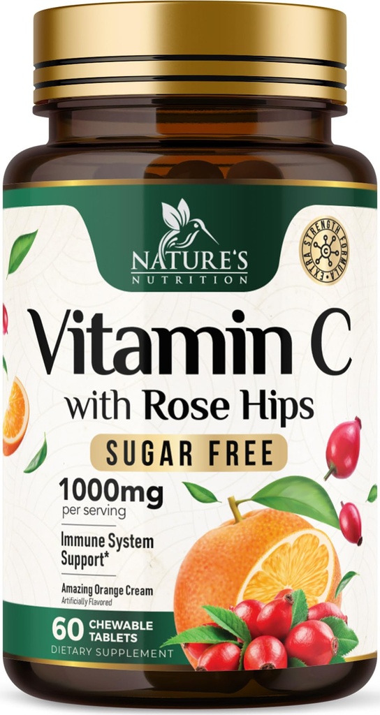 Witamina C do żucia 1000mg - Ekstra Silne Przeciwutleniacze do Potężnego Wsparcia immunologicznego w / Witamina C & Rose HIPS - Potwent Dietetyczny VIT C Suplement do żucia, Naturalny aromat pomarańczowy, Wegan, Non-GMO - 60 Tabletki