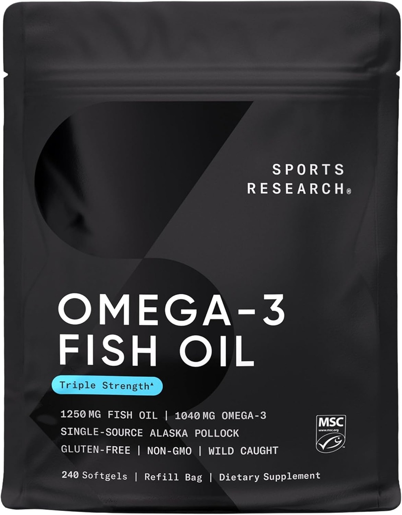 Sport Badania Potrójne Siła Omega 3 Olej rybny - Suplement oleju z ryb Burpless w / EPA & DHA Kwasy tłuszczowe z dzikiego Pollock Alaskan - Serce, Mózg i Wsparcie immunologiczne dla mężczyzn i kobiet - 1250 mg, 240 ct