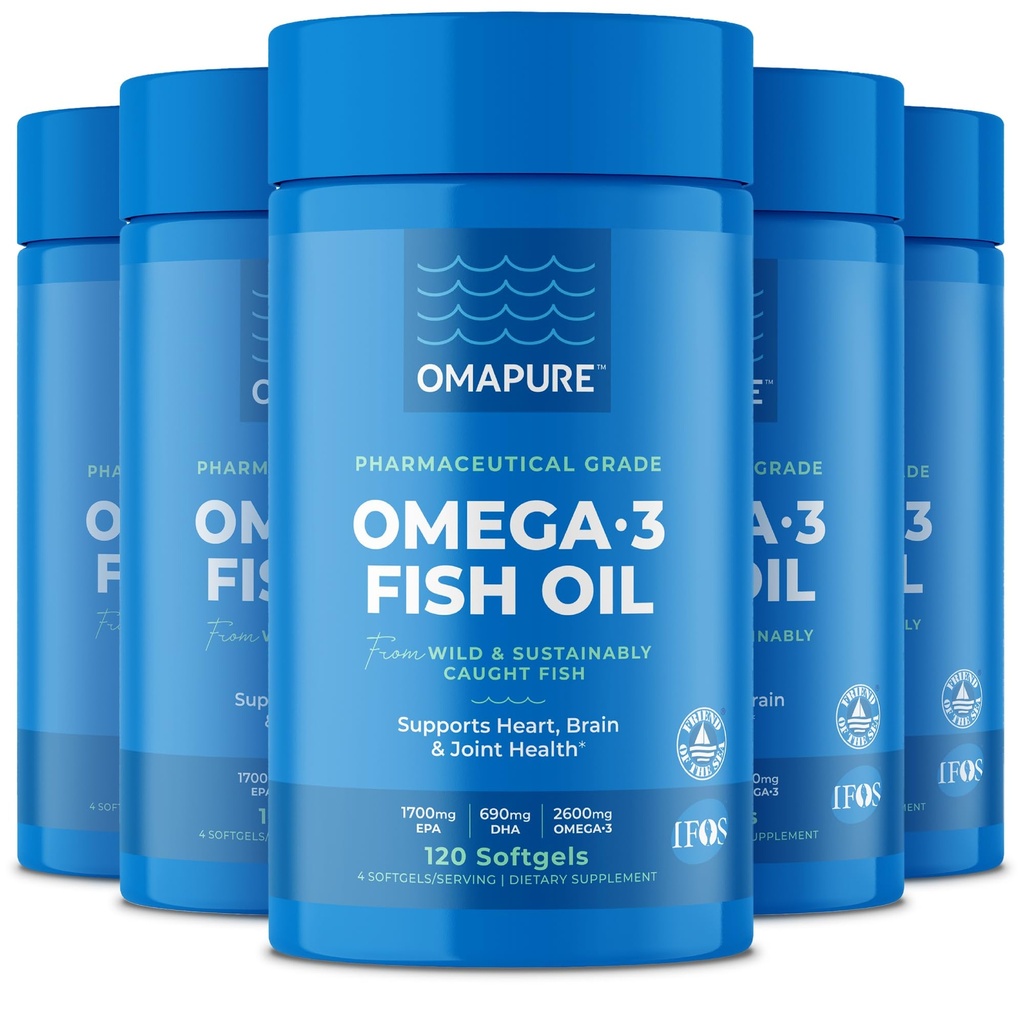 Fish Oil Supplements with Omega 3 Acids Fatty (5 butelek, 120 Softgels) - Wysoka EPA, DHA, & IFOS Fish Oil Pills Support Heart & Joint Health - Burpless Fish Oil Promotes Brain Function