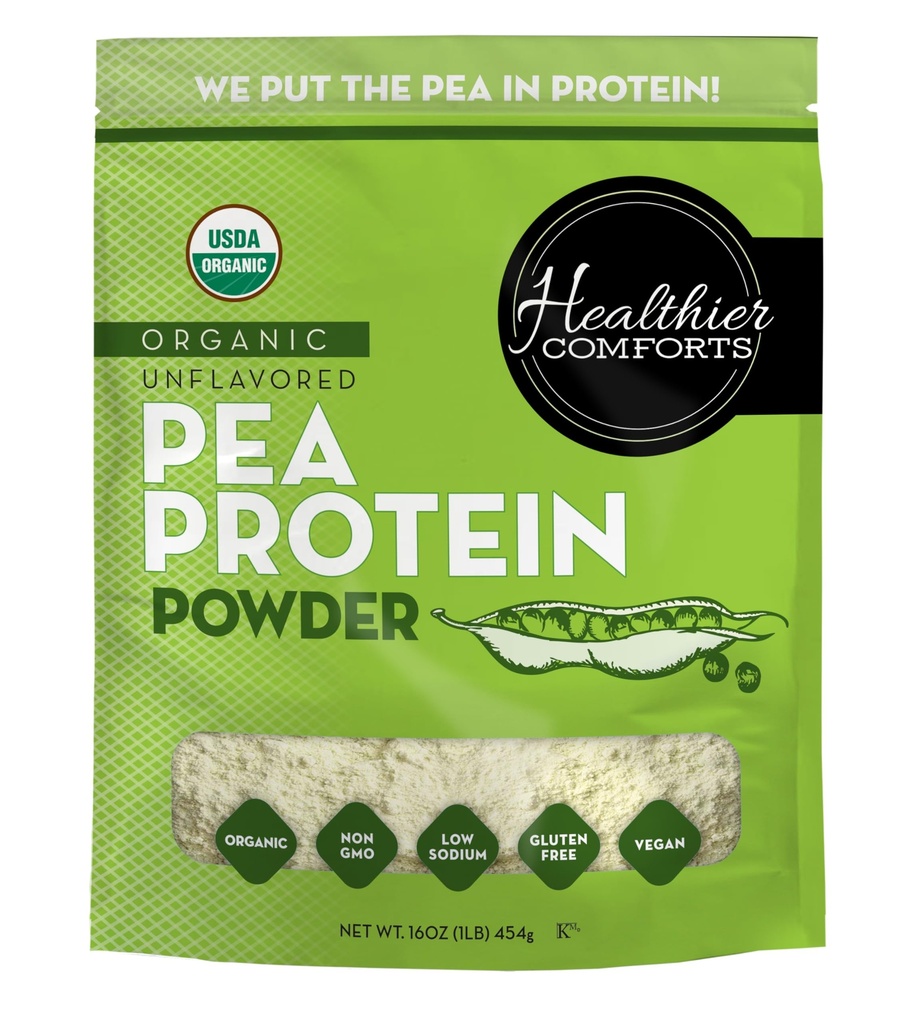 Healthier Comforts Unflavored Pea Protein Powder - Niski Sodu (1 lb.) 124; USA dorosły i przetworzone 124; 100% Proszek białkowy na bazie roślin 124; Kosher, Gluten Free, Non-GMO, Keto Friendly (16oz)