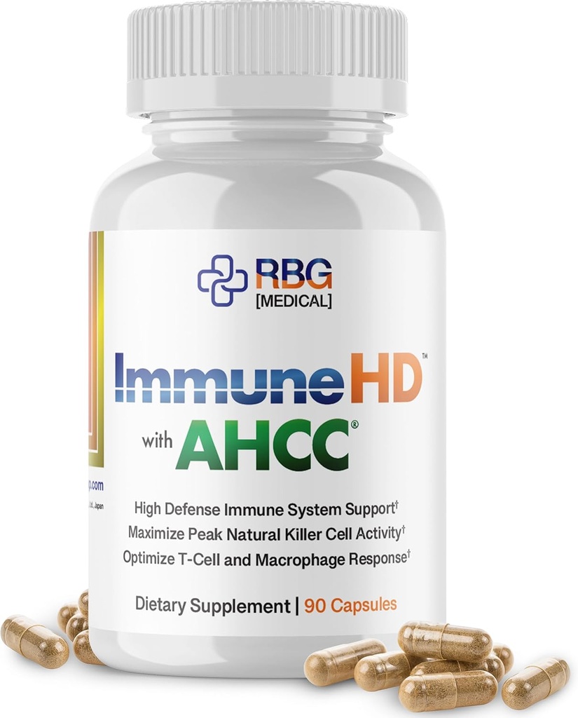 Immune- HD z dodatkiem AHCC do wsparcia immunologicznego, 1500mg AHCC Mushroom Extract + Olive Leaf & Quercetin z bromelainem, Natural Killer Cell Activity dla układu immunologicznego, Wątroba Funkcje, 90 Czapki, RBG