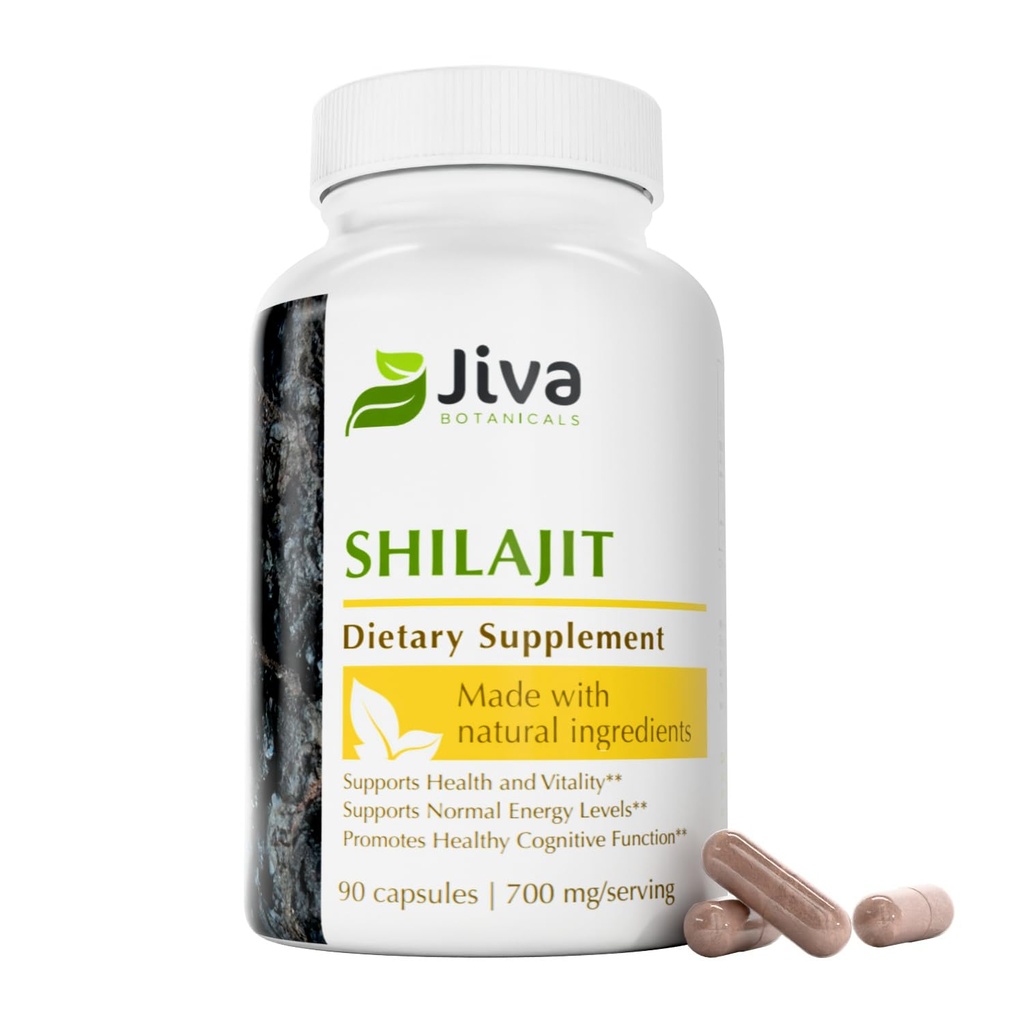 Jiva Botanicals Shilajit kapsułki 700 mg - Shilajit Extract with Fulvic Acid - Shilajit Supplement for Men & Women - 90 Vegan Capsules for Daily Wellness - 90 Count (Pack of 1)