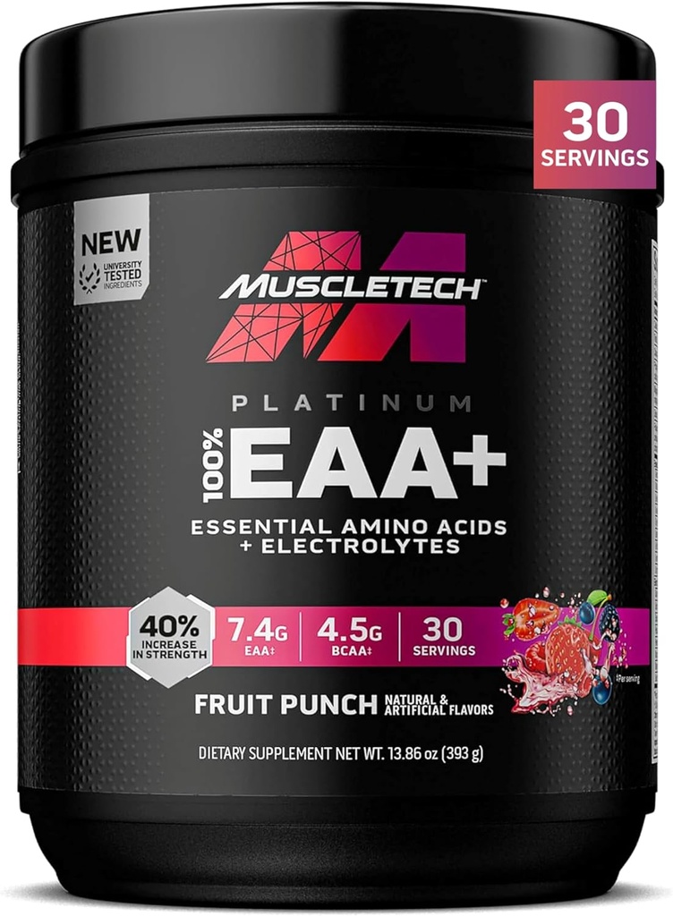 MuscleTech Platinum Esential Acids Supplement with Electrolytes, Fruit Punch - Wstępny trening proszku dla energii, Muscle Growth & Force Builder - EAA Complex for Men & Women - 30 Servings