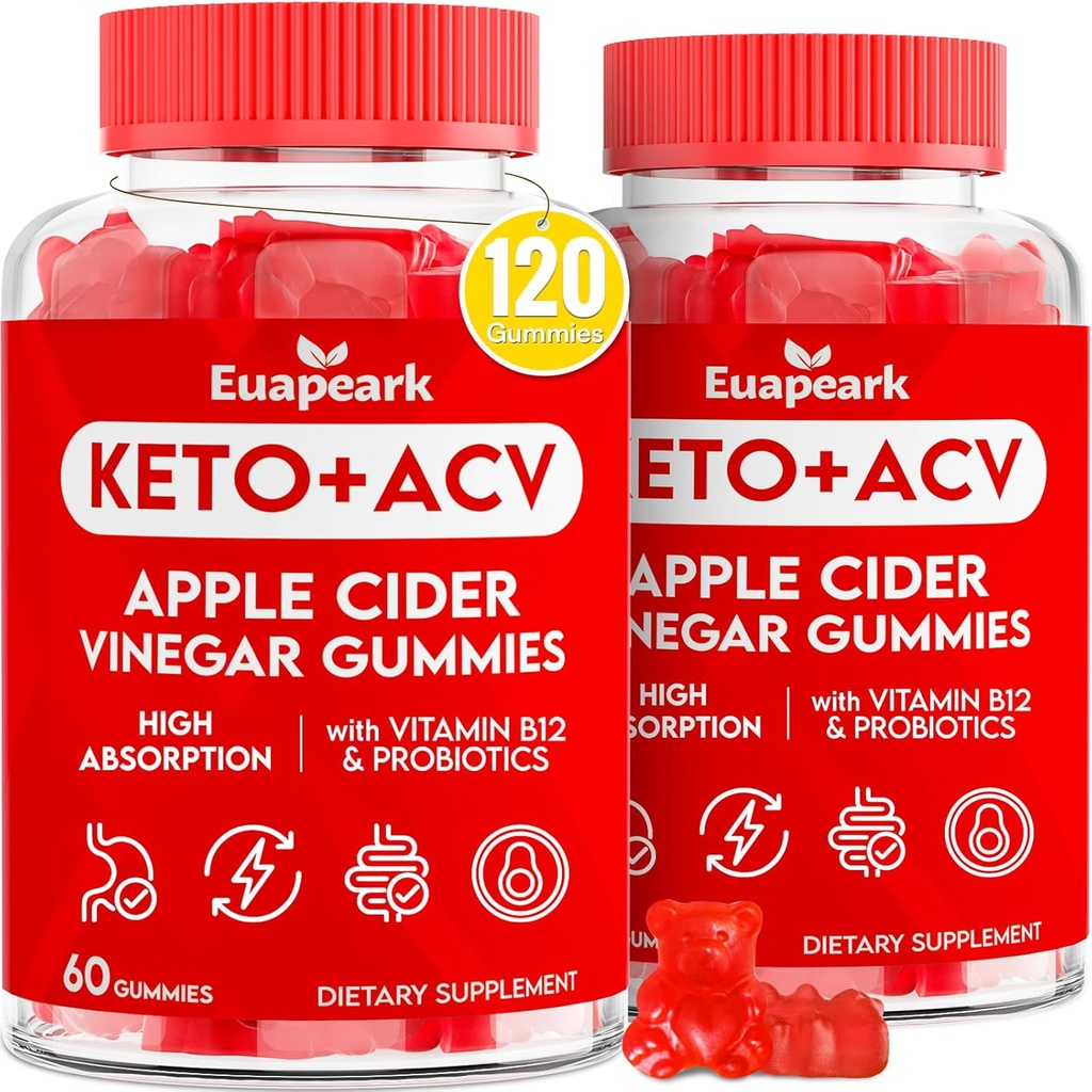 Jabłko Cydr Gummie ocet, Keto ACCV Gummie z probiotyki, Witamina B12 & Keto Wsparcie, 2000 mg ACV z matką na trawienie, Metabolizm, Cleanse & Detox Diet, Wegan, niski cukier, 120 Liczby