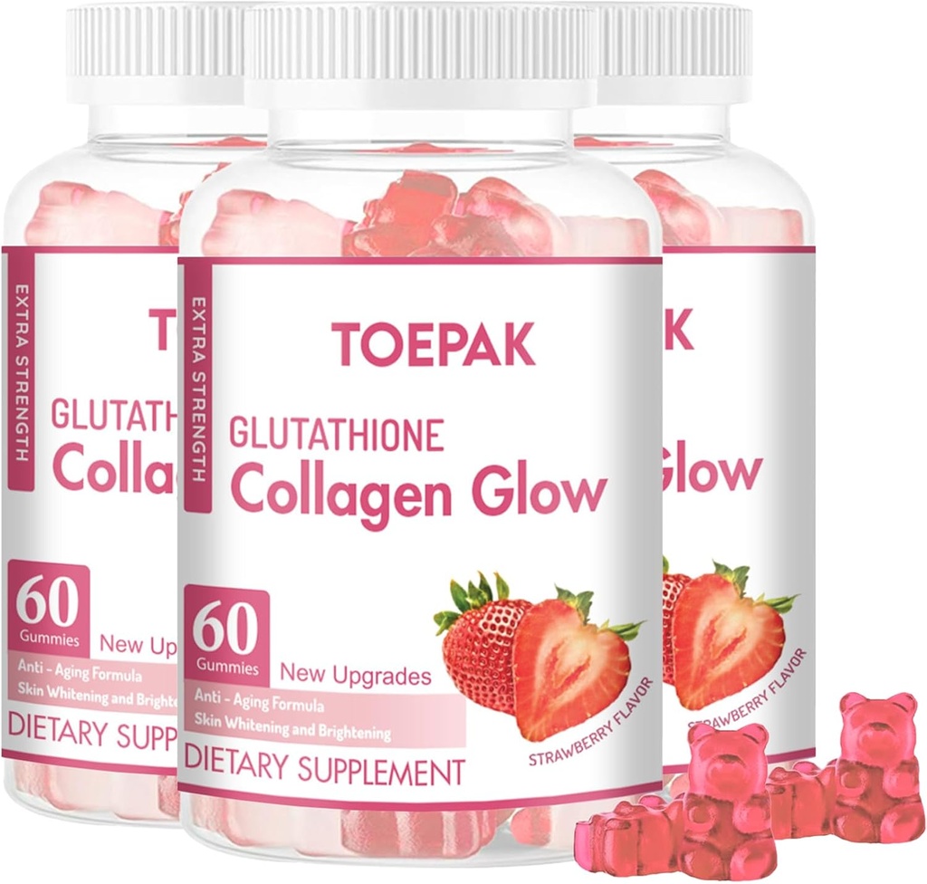 Multi Collagen Białko Glow Glow Gummies Gummies, Kobiece anty-Starzenie Wsparcie z Glutathione, Biotin & Multivitamin, Promotes Skin & Hair Health, Truskawka, 180 Gummies (90 dni)