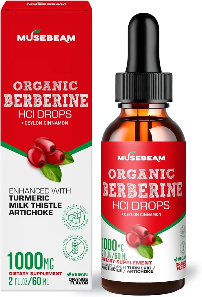 Organic Berberine HCl 1000mg płynne krople - z Ceylon Cynamon Turmeric Milk Thistle Artichock - Wysoka biodostępność suplement dla mężczyzn Kobiety - Wegan Sugar Free gluten Free 2fl. oz (60ml)