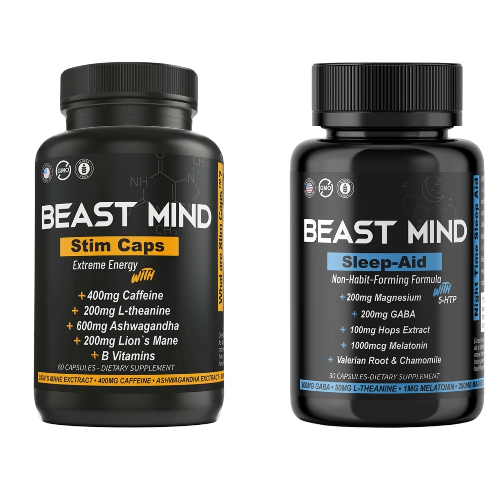 Day & Night Energy With Sleep Assistance Bundle 124; 400mg Caetine Assistance 124; 600mg Ashwagandha Assistant 124; 200mg Lions Mane Assistance 124; Zwiększona energia & Focus & Mood Sen Assistance with GABA, Valerian Root, Rumianek, Melatonina, Magnez