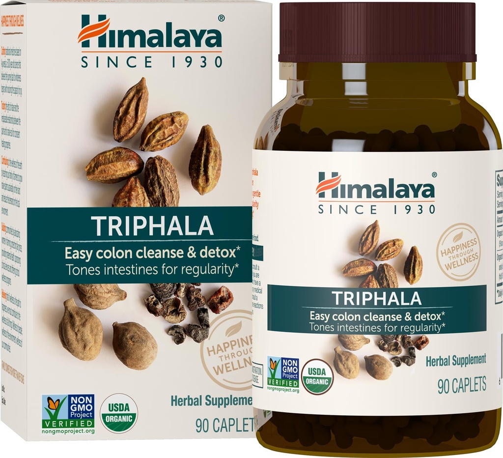 Himalaya Organic Triphala, 90 Day Supply - Digestive Health Supplement for Colon Cleanse & Okazjonalne Bloating and Convestions Relief - USDA Organic, Wegan, Non-GMO, Gluten Free, 688 mg, 90 Caplets