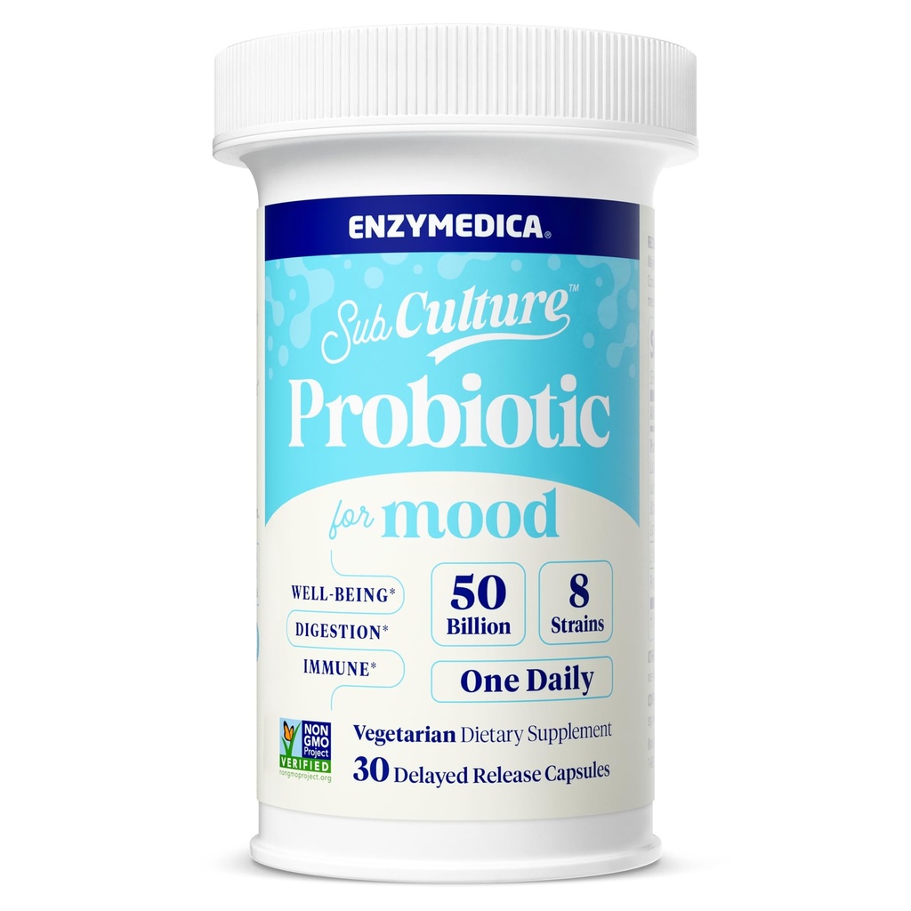 Enzymedica subCulture Probiotics for Mood, Stress, & Sleep, 50 Miliard CFU, Promotes Relaxation, Immune + Digestive Health & Regularity, 30 Count
