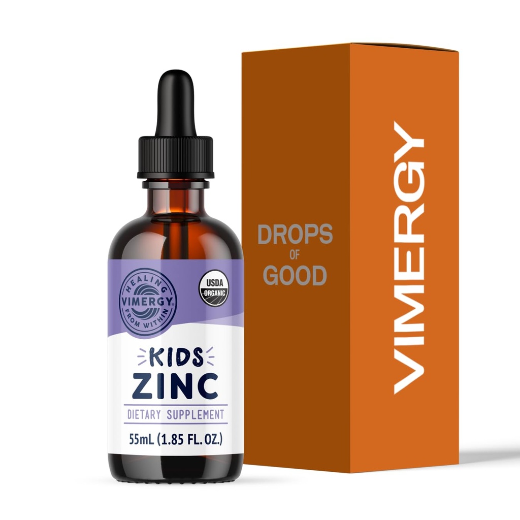 VIMERGY Kids USDA Organic Liquid Cynk siarczan - dla dzieci i młodzieży 1-18 Lat, Szybkie Absorbujące Wsparcie immunologiczne * - Promotes Healthy Bones, Hair & Skin. Kosher, Wegan, Non-GMO - 55 ml