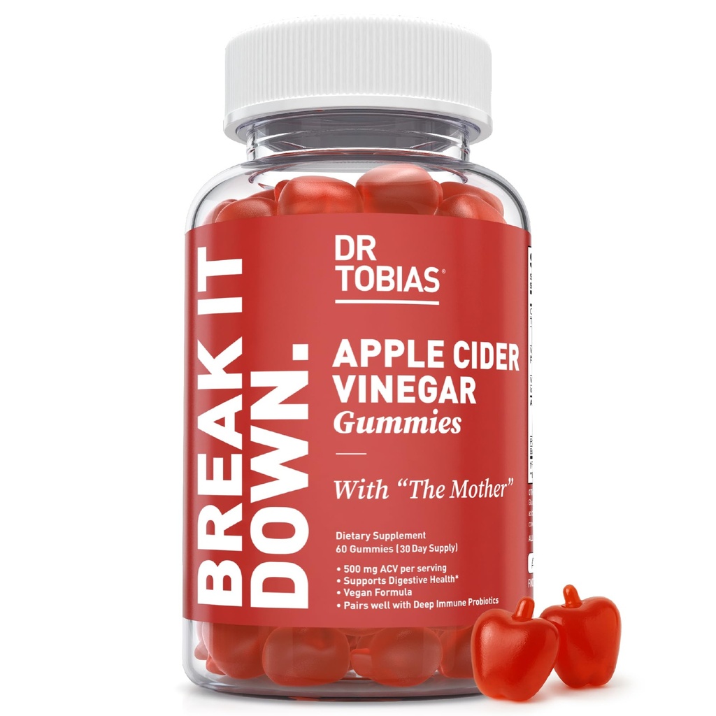 Dr Tobias Apple Cider Gummies z Gummerami Winorośli z Matką, 500mg ACV na Serving, Plus Folate, B6, B12 & Jod, Supports Digestive Health, Gut Cleanse & Detox, Vegan, 60 Gummies
