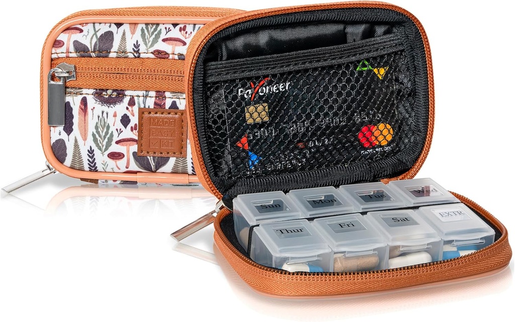Made Easy Kit Pill Case - Cotygodniowy organizator medycyny z usuwalną siedmiodniową witaminą i suplementem Box (Light Brown Woods)