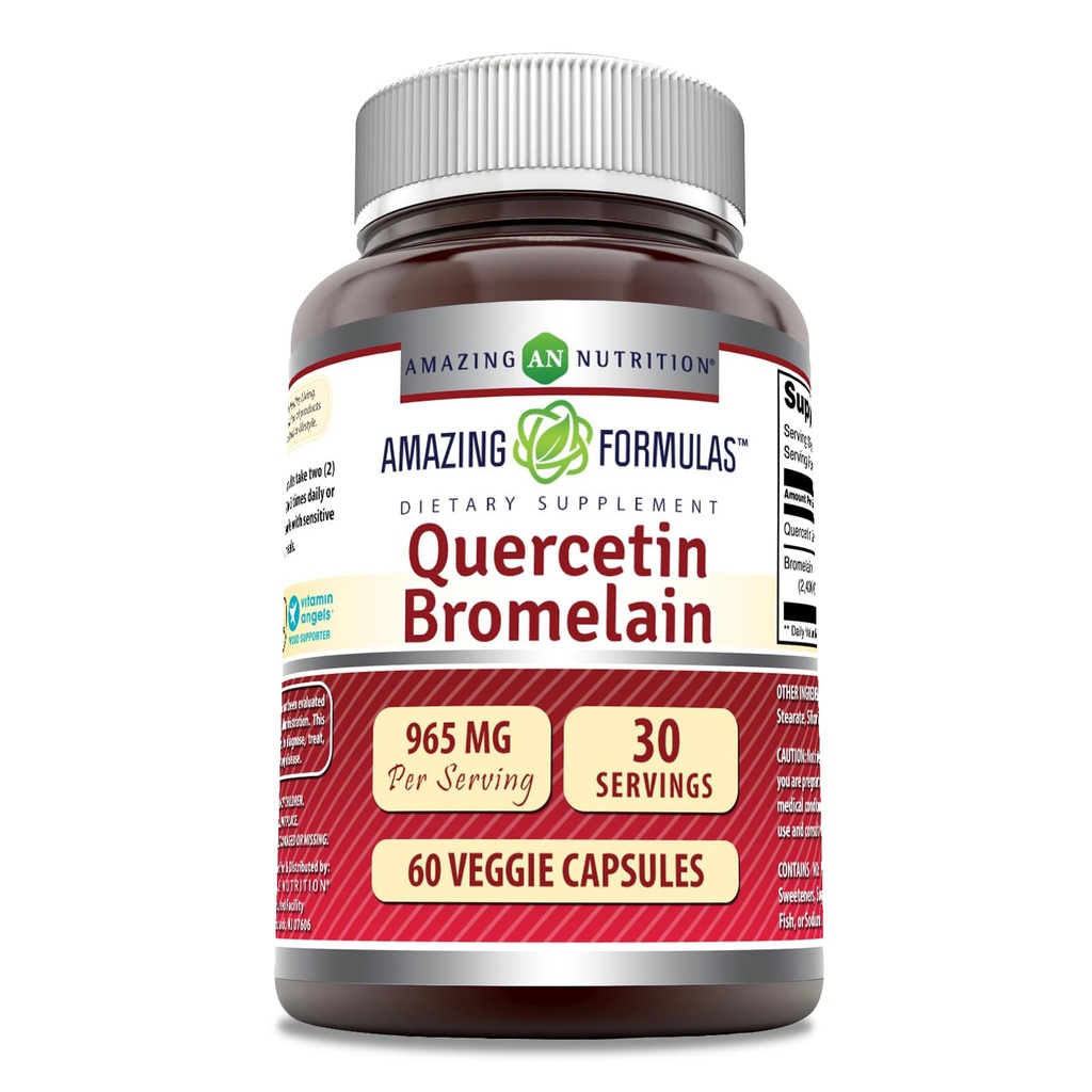 Amazing Nutrition Quercetin 800 Mg with Bromelain 165 Mg Veggie Capsules Supplement Equipment 124; Non-GMO Equipment 124; Gluten Free Equipment 124; Made in USA Equipment 124; Nadaje się dla wegetarian (60)