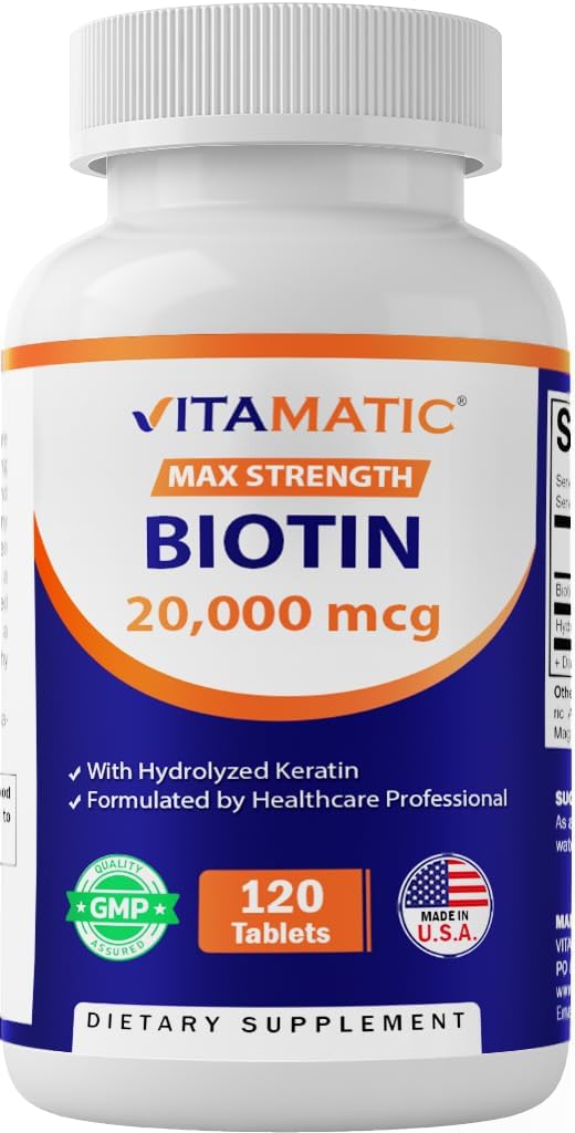 Witamatyczna duża moc Biotin 20000 µg (20 mg) z keratyną 100mg - 120 tabletek wegetariańskich - suplementy biocyny dla zdrowych włosów skóry i paznokci dla dorosłych (120 liczenie (opakowanie po 1))