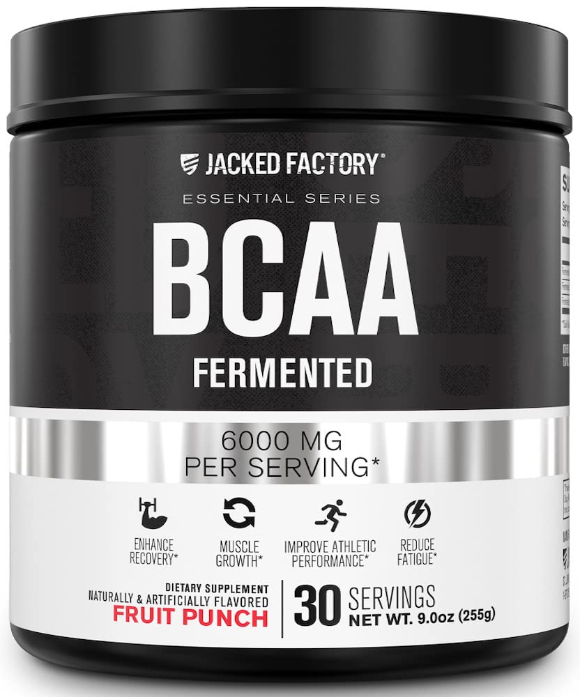 Jacked Factory BCAA Proszek (fermentowany) - 6g Łańcuch rozgałęziony Essential Acid Amino Suplement dla poprawy odzysku mięśni, Zmniejszony zmęczenie, Zwiększona siła, Wzrost mięśni - 30 Służenie, Owoce Punch
