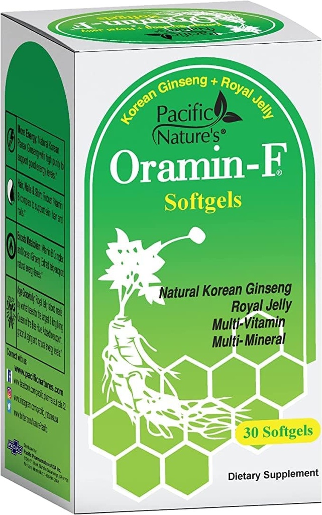 Pacific Nature 's Oramin F (30 Softgels) z koreańską żelką, galaretką królewską, kompleksem witaminy B i cynkiem dla energii, odporności i wsparcia żywieniowego