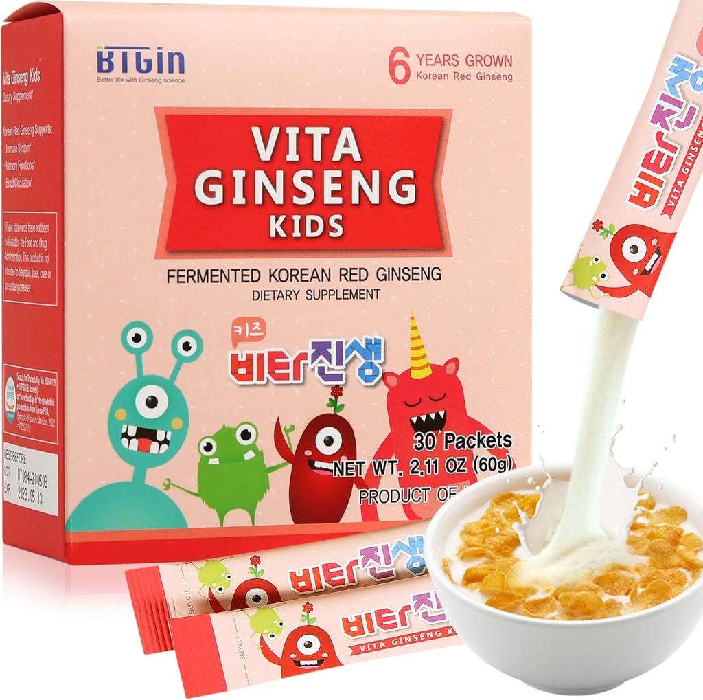 Vita Ginseng Kids, Witamina D, Cynk, 7 Jagody, Banana, 20 Warzywa, Proszek mleczny do wsparcia immunologicznego, Focus and Memory Boost, 30 Pakiety (1 Zestaw)
