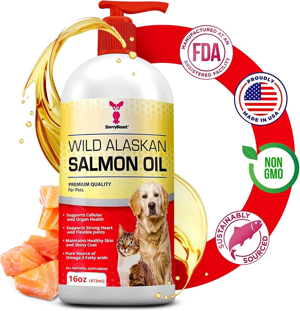 SavvyBeast Wild Alaskan Salmon Oil for Dogs, Cats & Freets - Omega-3 Fish Pet Supplement with EPA & DHA - Wsparcie skóry, Coat, Joints, Heart, Mózg, Itch Relief & Immune - Unscented - 16 oz