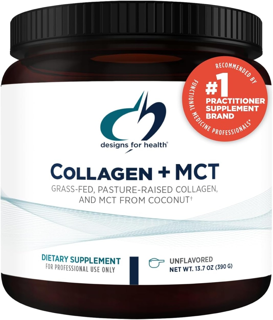 Designs for Health Collagen + MCT, Unflavored - Zhydrolizowane Grass- Fed Collagen Peptydes z MCT Oil Powder do promowania mentalnej ostrości, Trwała energia, Skóra i Gut Health (30 Służenie)