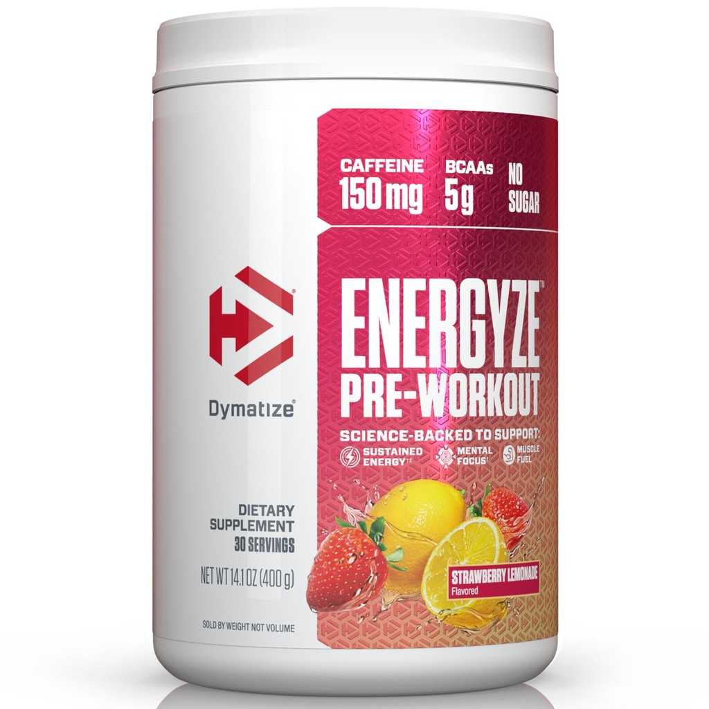 Dimatize Energyze Pre Workout Proszek dla mężczyzn i kobiet, Lemoniada truskawkowa, 150mg kofeina, 5g BCAA, Mieszanka Performance L- Theanine, L- Tyrozyna, L- Cytrulina, No Sugar (30 Servings)