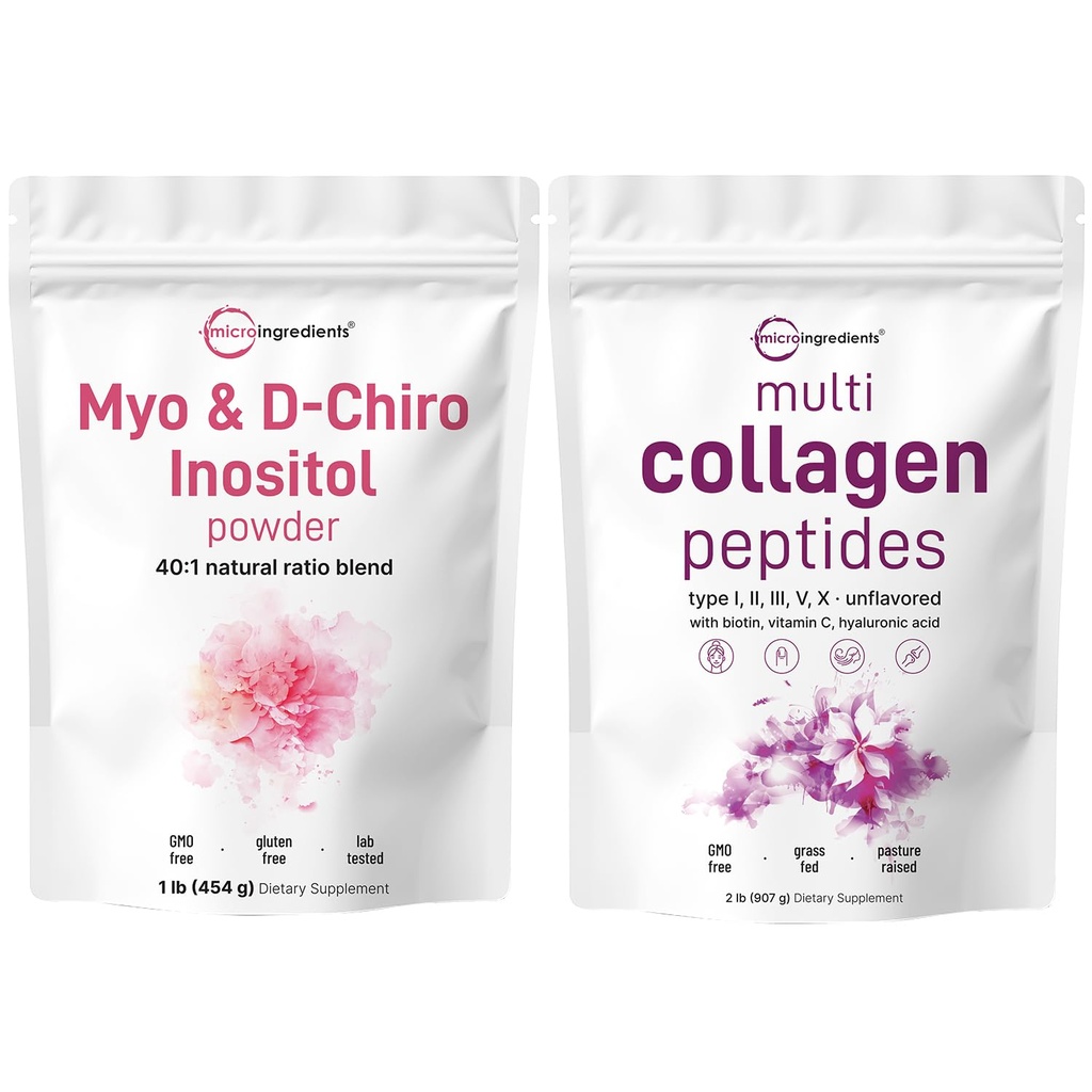 Micro Składniki Multi Collagen Protein Powder 2lbs & Myo & D- Chiro Inositol Powder Bundle 2 Pack 124; Kolagen Grass- Fed Peptides 124; Suplement Inositol dla kobiet