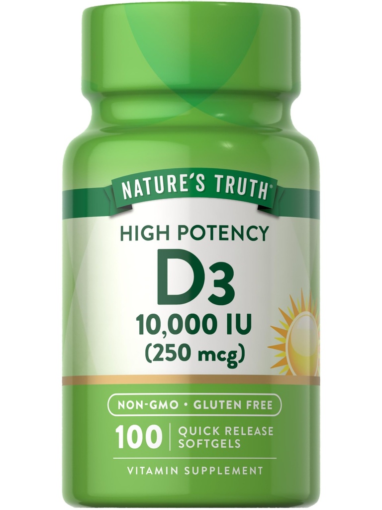 Nature 's Truth D3 Witamina 10 000 IU Suplement Softgels 124; 100 Hrabia 124; Wysoka moc Formuła 124; Non-GMO i gluten Free