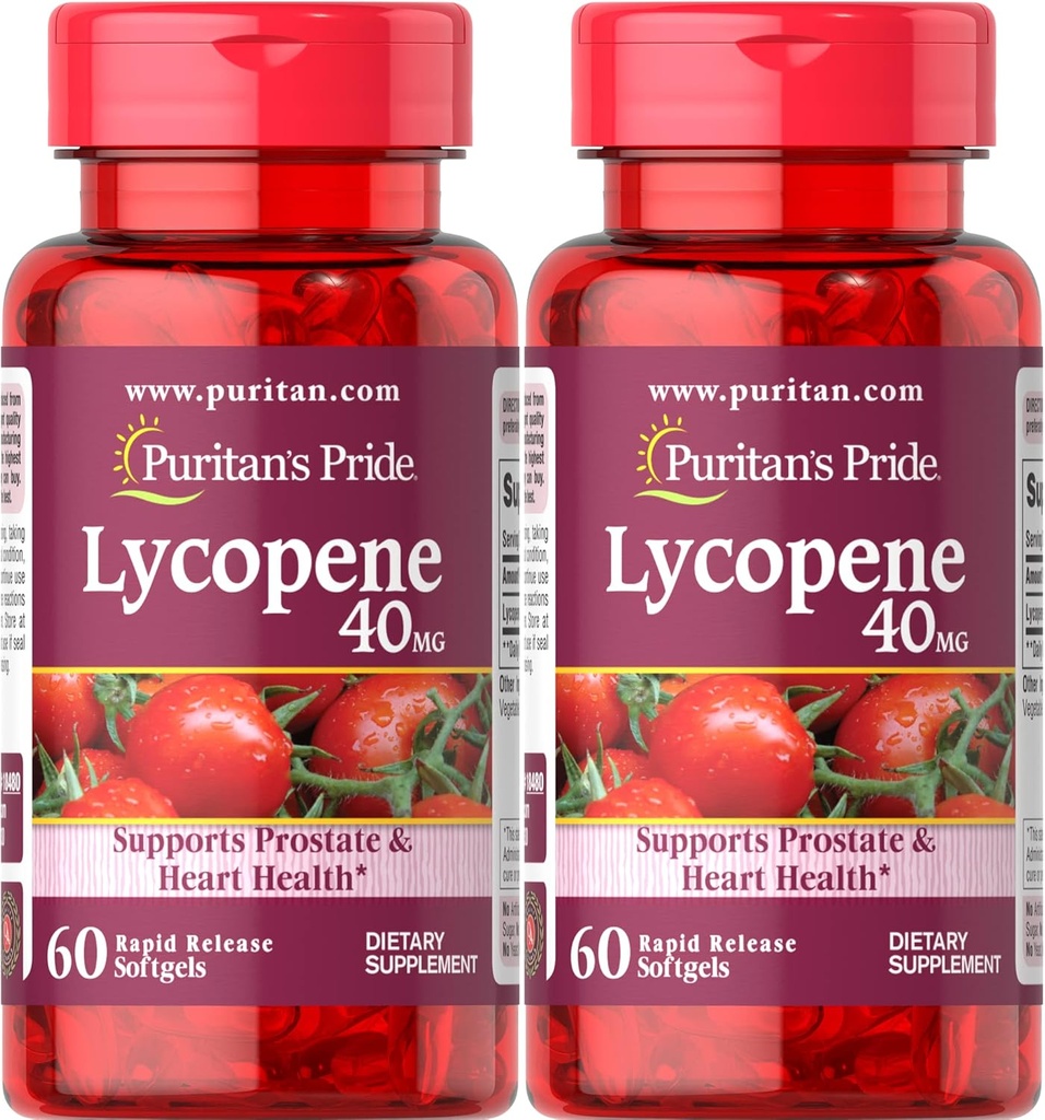 Puritan 's Pride Premium Lycopene 40mg, Suplement diety dla prostaty, przeciwutleniacz, Heart Health, i ogólne wsparcie zdrowia, 2 Supply Month, 60 Softgels szybkiego wydania, 2 Pack