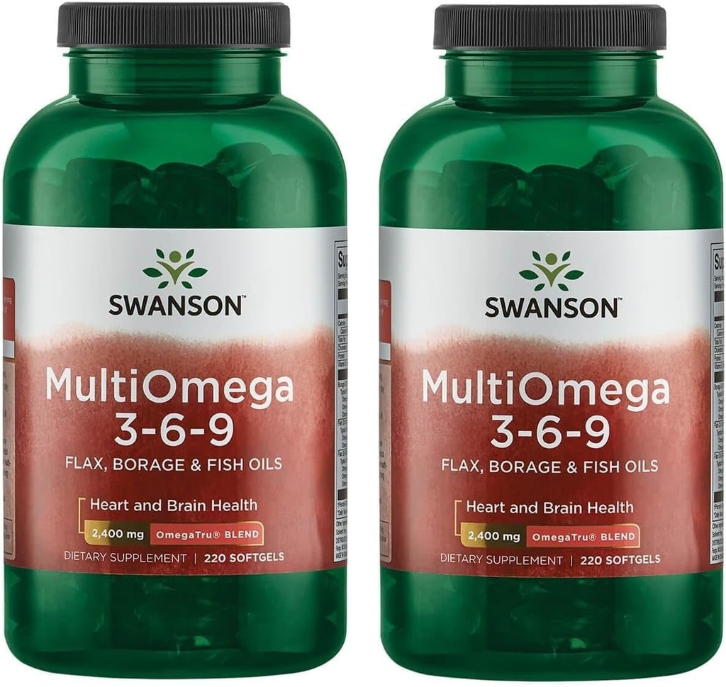 Swanson MultiOmega 3- 6- 9 - Non-GMO Flax, Borage & Fish Oil Capsules - Esential Fatty Acids Supporting Cardioviral Health & Brain Health - (220 Softgels, 2400mg Serving) 2 Butelki