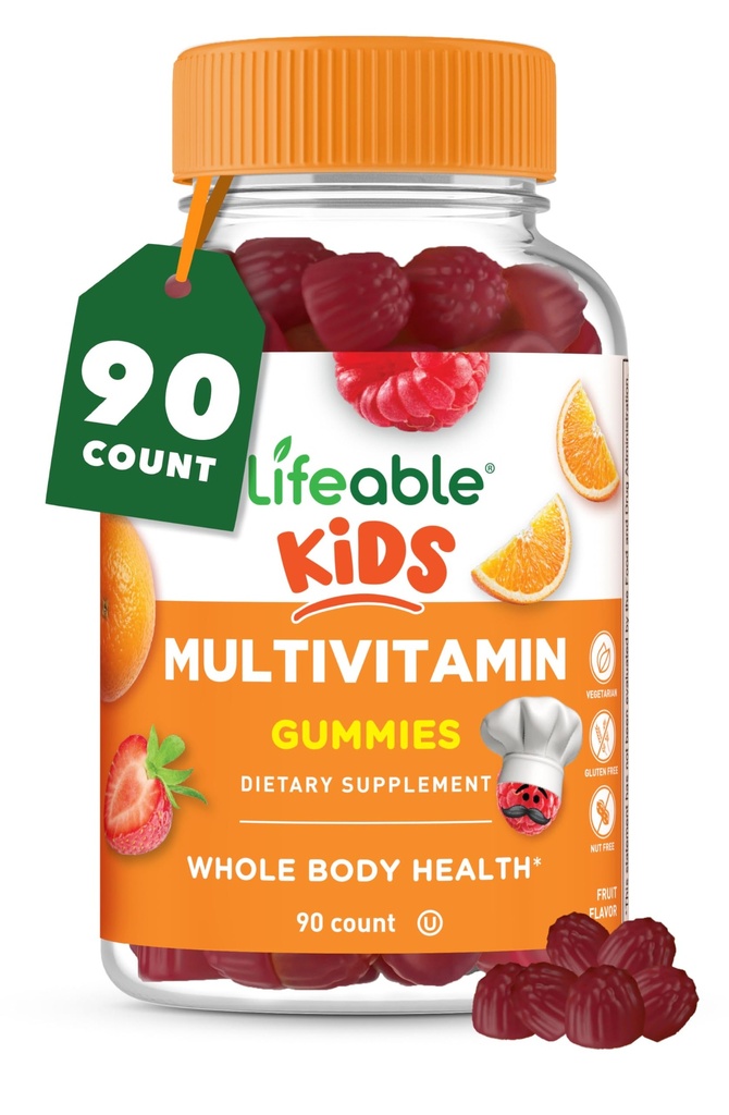 Żywe Gummie Multiwitaminowe dla Dzieci 124; Great Tasting Multivitamin dla Dzieci 124; z witamin A, C, D, E, B6, B12, Cynk, Biotin, Kwas foliowy, Jod, Niacyna 124; dla ogólnego zdrowia ciała 124; 90 Gummies